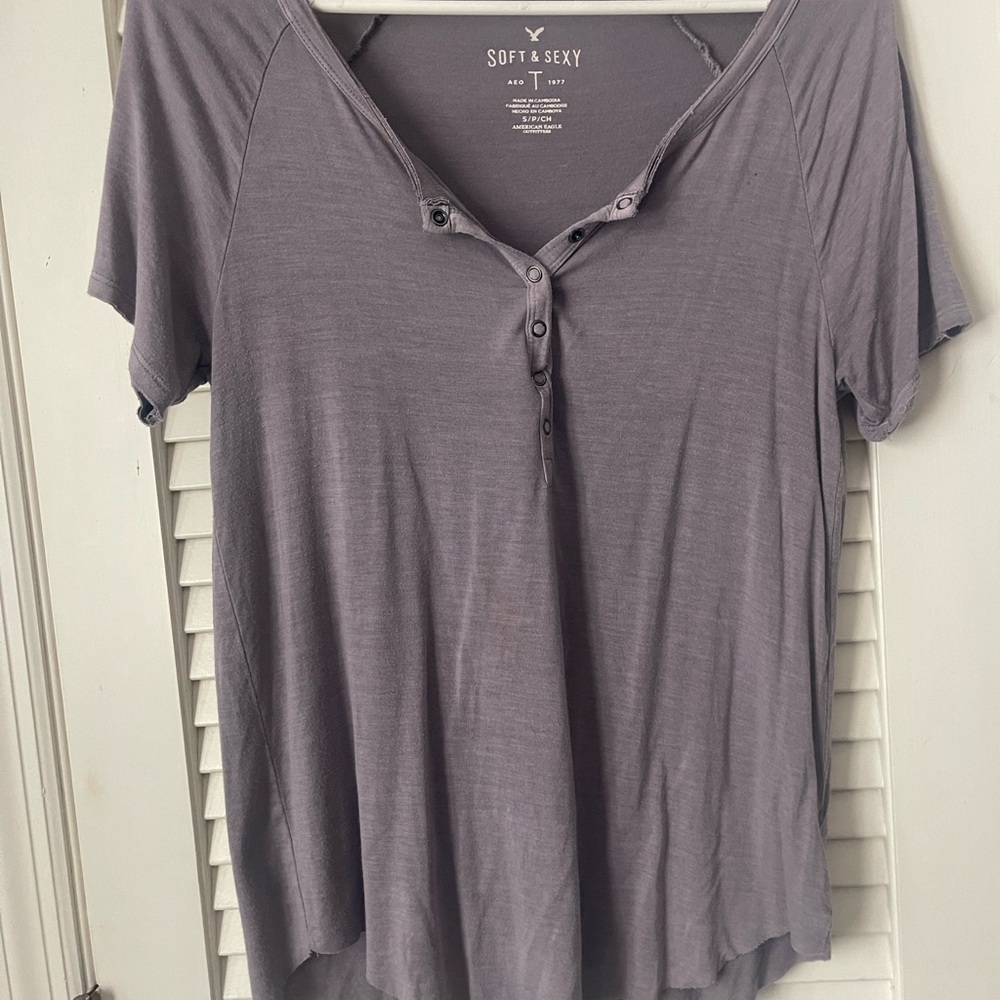 American Eagle Outfitters Gray Button Front Relaxed T-Shirt